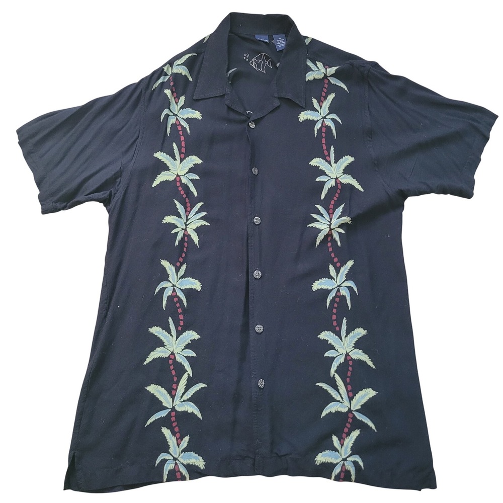 Cherokee Mens XL Shirt Black Rayon Hawaiian Tropical Palm Tree Fish Print